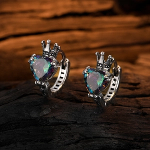 Silver crown heart hoop earrings with rainbow mystic topaz and S925 sterling silver stamp