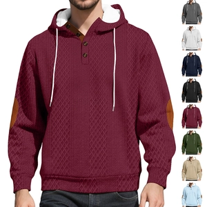 Sweat À Capuche En Maille Jacquard Pour Homme Avec Col À Boutons Coudières Contrastées Pull Décontracté À Manches Longues
