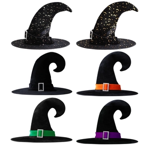 Halloween Witch Hat Wizard Hats Velvet Crooked Top Rhinestone Buckle Star Moon Print For Cosplay Party Adults Kids