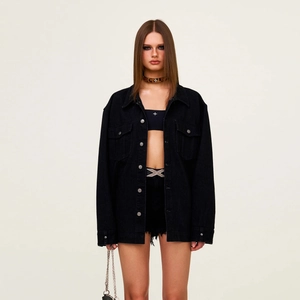 Classic washed black denim shirt jacket in mid-length loose fit for stylish streetwear look