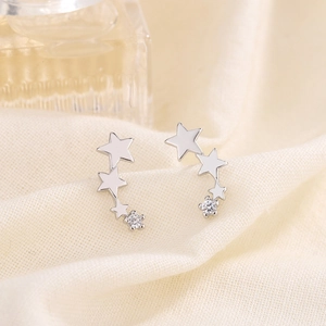 925 silver stud earrings with three sparkling shooting stars and zircon stones for women
