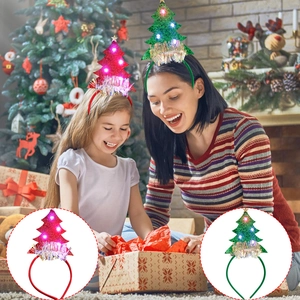 LED Christmas tree headband with red green sequins and glowing lights for holiday parties