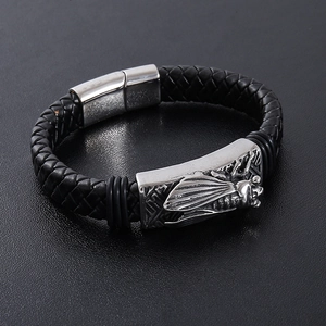 Men's black braided leather bracelet with 304 stainless steel cicada insect charm decoration