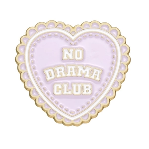 Lavender heart enamel pin with No Drama Club text and gold metal trim on white background