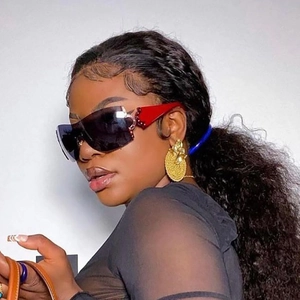 Y2K rimless shield sunglasses with red temples and woven gold disc earrings for women