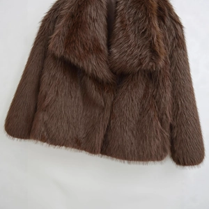 Luxurious dark brown long-hair faux fur jacket for women in minimalist style
