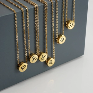 Gold stainless steel zodiac pendant necklaces with minimalist circular charms set