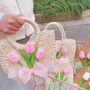 French Woven Straw Handbag Fabric Tulip Artificial Pearl Organza Bow Romantic Summer Beach Crossbody Bag For Women Girls