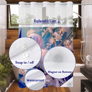 Detail of waterproof shower curtain with snap-in liner and magnetic weighted hem