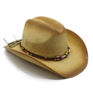 Classic Western straw cowboy hat with brown gradient spray paint and colorful beads