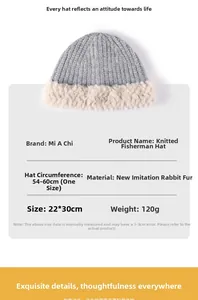 Detailed view of grey knitted bucket hat with faux rabbit fur trim and size specifications
