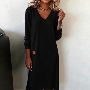 Slim fit black V-neck knitted dress with long sleeves and side leather tag detail