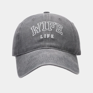 Detailed front view of washed grey baseball cap with white WIFE LIFE embroidery