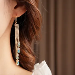 French vintage silver needle tassel earrings with zircon droplets and gold plating