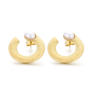 French vintage U-shape gold earrings with grooved texture and oval white pearl inlay