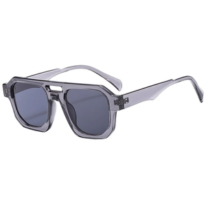 Retro double-bridge aviator sunglasses with translucent grey frames and dark grey lenses