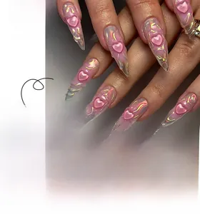 3D pink heart embossed long stiletto press-on nails with holographic finish effect
