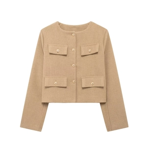 Elegant khaki tweed cropped jacket with round neck and decorative golden buttons