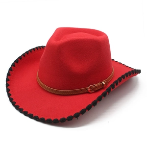 Red wool felt cowboy hat with brown leather belt and black stitched trim detail