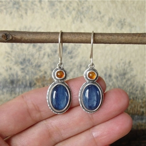 Boucles d'oreilles ethniques en argent vintage avec kyanite bleue et ambre sur branche