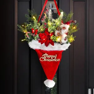 LED Glowing Christmas Hat Hanging Ornament Santa Claus Pine Needles Plastic Cloth Christmas Tree Door Wall Decor Party Supplies