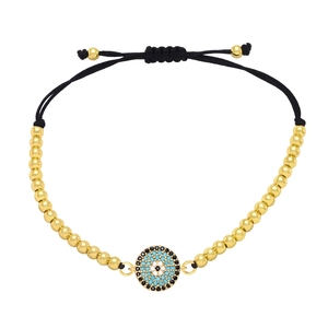 Golden beaded Evil Eye bracelet with blue zircon inlay and adjustable black cord