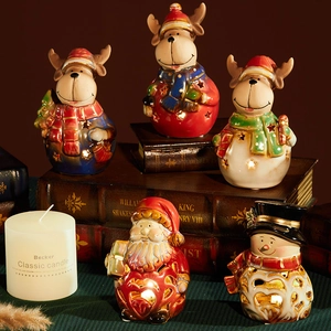 Charming Christmas ceramic candle holder set with Santa Claus, reindeer, and snowman