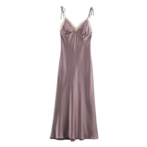 Satin Midi Dress With Lace Trim Spaghetti Tie Straps V Neck Elegant Solid Color Sleeveless Bodycon For Women