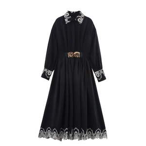 Elegant Embroidery Long Sleeve Maxi Dress Polyester Lapel Shirt Style With Waist Belt Gold Buckle Vintage