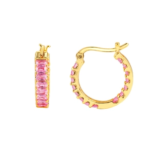 Elegant gold hoop earrings featuring baguette-cut pink zircons on a white background