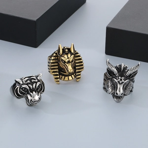 Vintage stainless steel animal rings featuring tiger, wolf, and sheep head relief designs