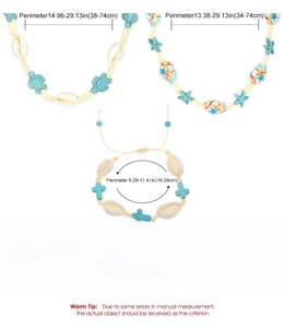 Detailed size specifications for handmade bohemian sea shell and resin bracelet sets