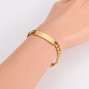 Polished gold stainless steel link bracelet with woven texture geometric plate for men and women