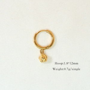 Detail showing 14K gold rose pendant hoop earrings with size and weight specs