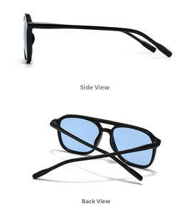 Detailed side and back view of retro square double-bridge sunglasses with blue lenses