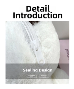 Detailed macro view of the sturdy white plastic zipper on a plush cat crossbody bag