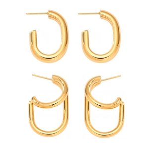 Polished 18k gold double layer C-shaped oval hoop earrings set in high gloss finish