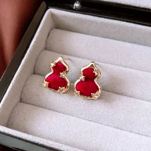 Vintage Red Flocking Gourd Hulu Stud Earrings With Silver Earring Post Star Rhinestone Luxury Women Jewelry