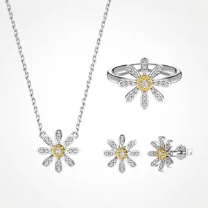 S925 Sterling Silver Daisy Jewelry Set For Women Dainty Zirconia Floral Pendant Necklace Open Ring Stud Earrings Set