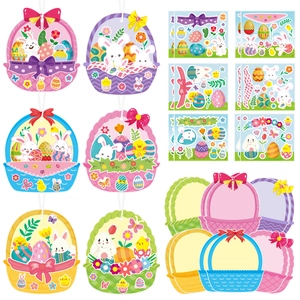 DIY Easter egg basket craft kit with colorful stickers, rabbits and floral decorations