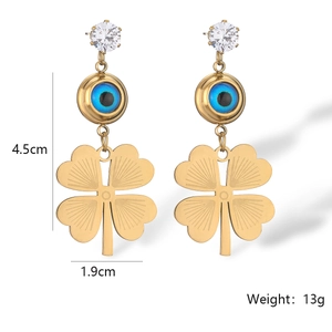Detailed size view of gold plated evil eye earrings with dimensions 4.5cm and 1.9cm