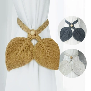 Macrame Curtain Tiebacks Leaf Shape Hand Woven Cotton Rope With Wood Beads Boho Style Window Decorative Tie Backs