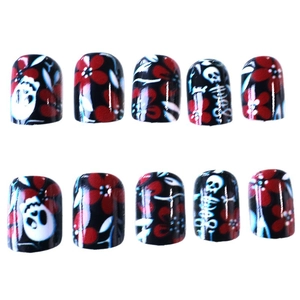 Short square press-on nails with dark gothic black base, red flowers and white skulls