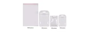 Clear plastic zipper bags comparison for nail charms in 100, 500, and 1000 pack sizes