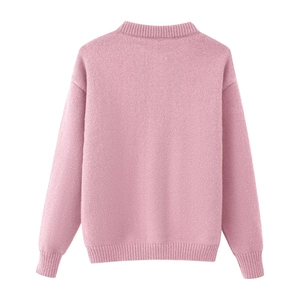 Back view of pink crew neck long sleeve knit cardigan sweater with ribbed cuffs and hem