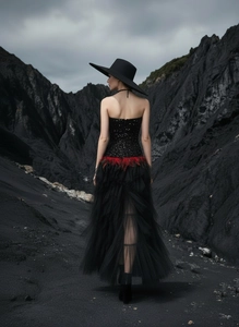 Detail of black sequined corset dress with red feather trim and layered mesh skirt