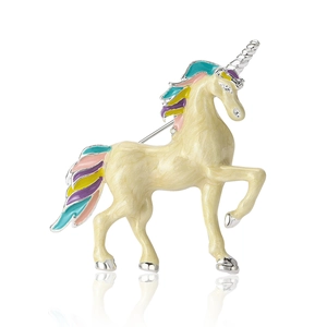 Enamel unicorn brooch with colorful mane and silver horn on a clean white background