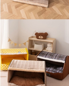 Three semi-enclosed plush pet houses in plaid patterns for cats and dogs on wooden floor
