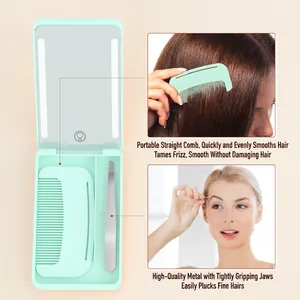 Portable mint green LED makeup mirror set with folding comb and professional tweezers