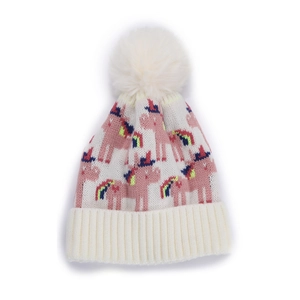 Berretto in maglia bianco panna per bambini con unicorni rosa e pompon in finta pelliccia